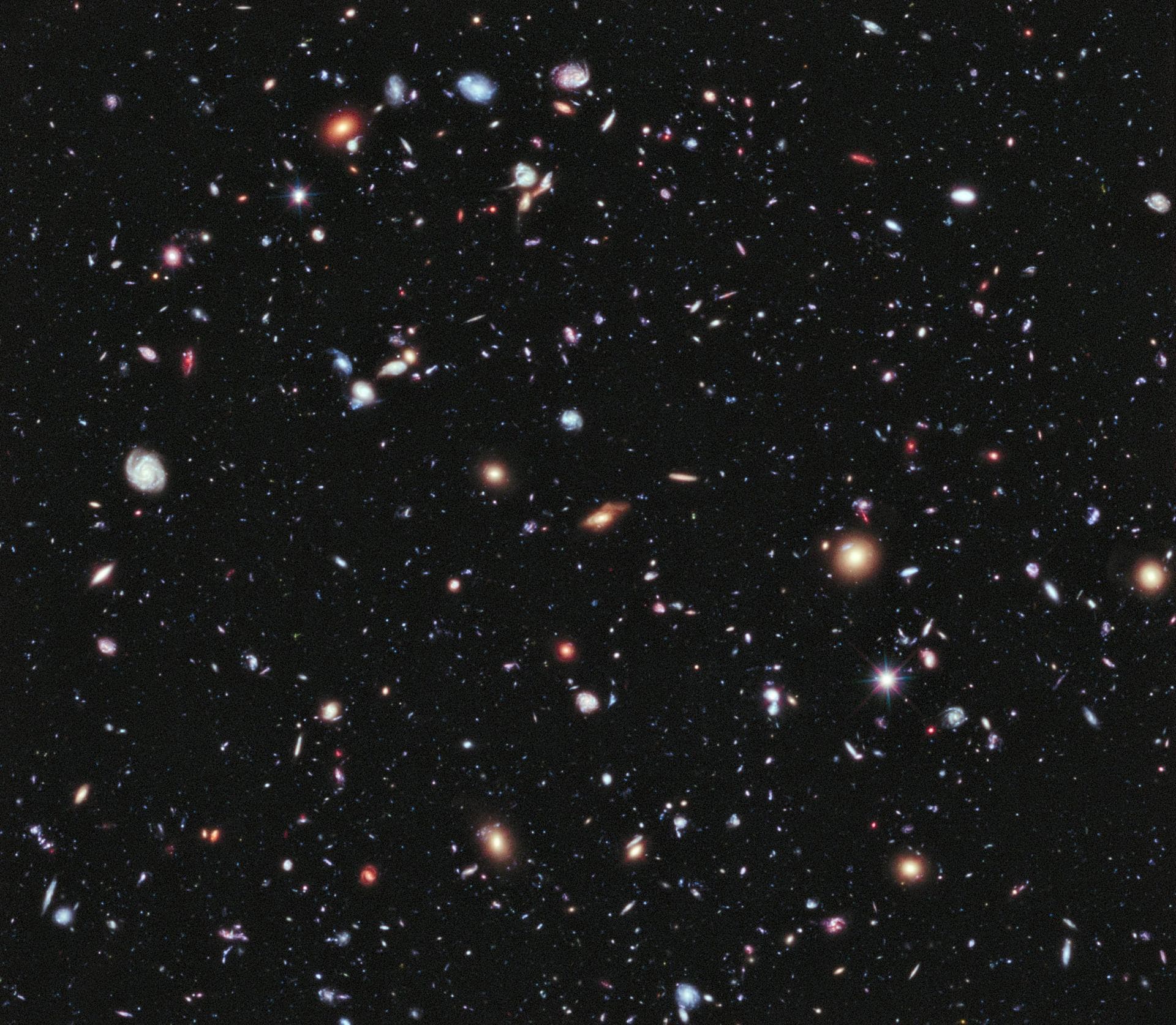 The Hubble eXtreme Deep Field, a very small patch of sky filled with distant galaxies, assembled from Hubble Space Telescope exposures.
